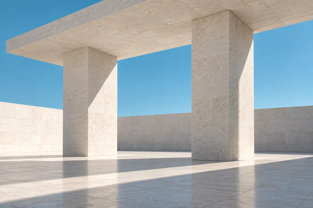 Two limestone columns supporting a shared canopy beneath blue sky