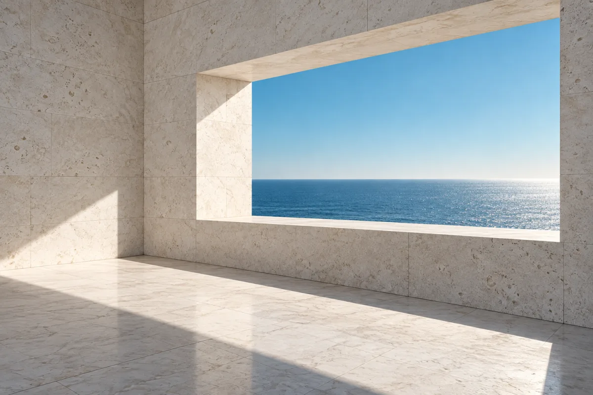 A limestone opening framing a clear sea horizon