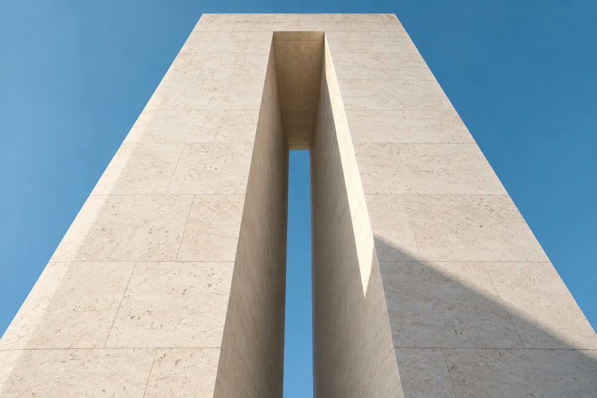 A monumental limestone tower with a recessed opening against blue sky