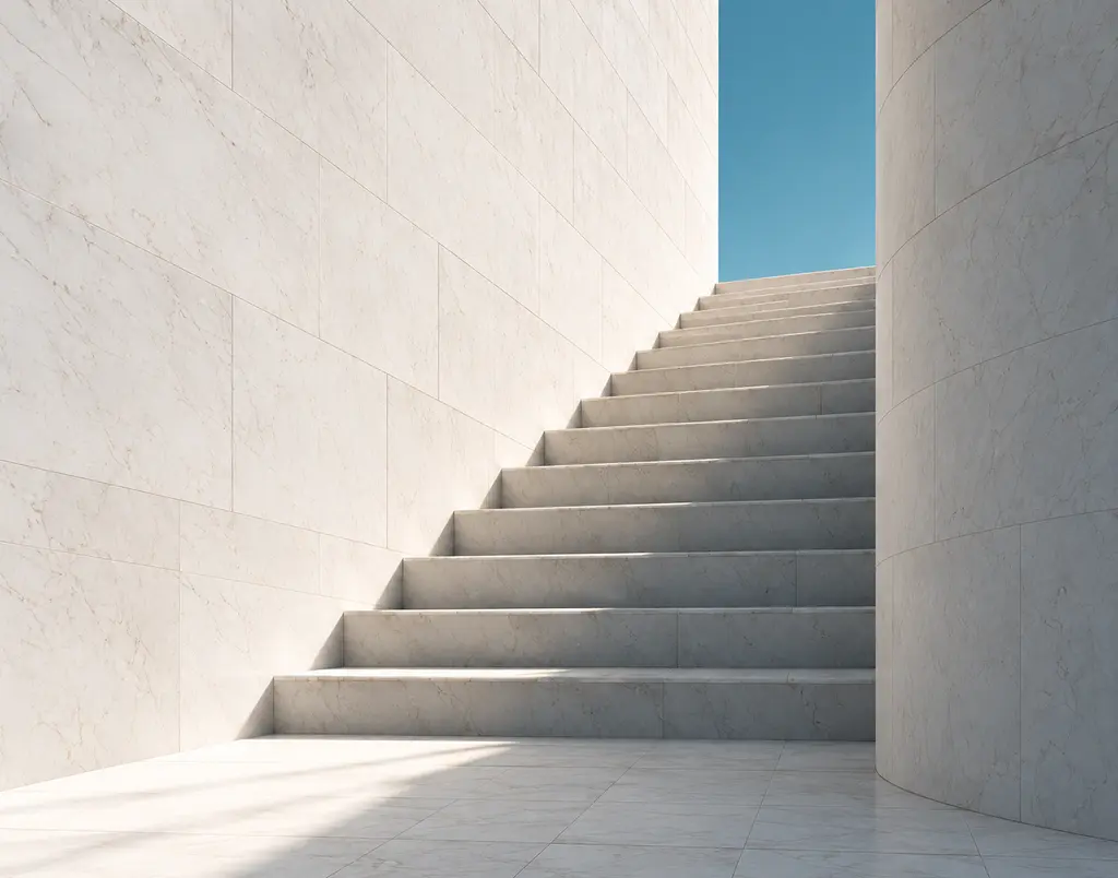 Sunlit limestone steps leading towards open sky